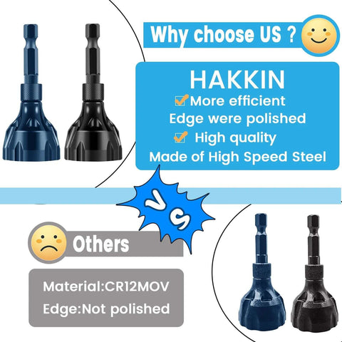 Hakkin 2-pack hex shank deburring chamfer tools with carbide blades (blue/black), quick-release, fits 1/8–3/4 in