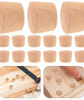 50 Piece Wood Hole Plugs Set for Furniture and Cabinet Woodwork Repair, showing light brown wooden plugs used in repairs.