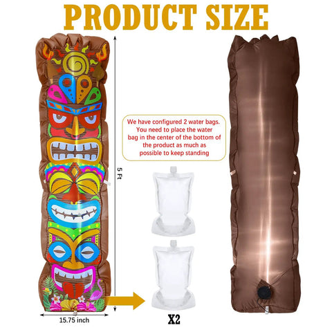 5 Ft Inflatable Tiki Decoration For Outdoor Luau Party With Built In LED Lights Flamingo And Palm Trees Blow Up Tiki Totem Yard Decor For Summer Beach Parties And Poolside Vibes Hawaiian Aloha Celebration Ready, front and back view with water bags.