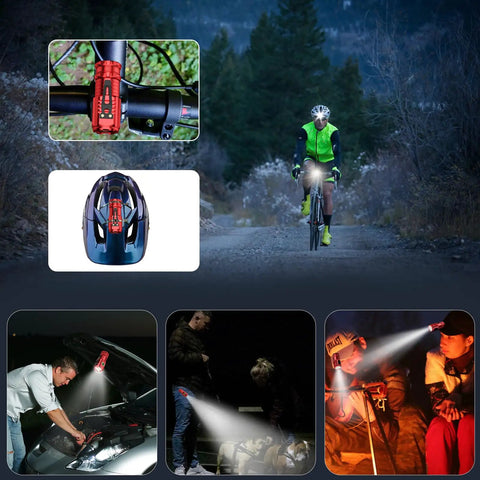 Cyclist using Tiny But Mighty Pocket USB C Rechargeable Flashlight, 2550 Lumens, Magnetic Tail, 5 Modes for night ride