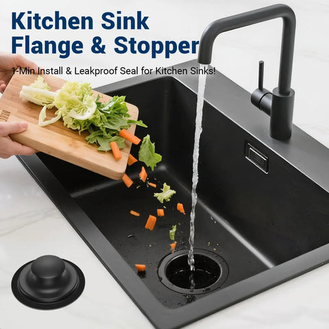 Black Kitchen Sink Flange Stopper Universal Fit For Three And A Half Inch Standard Sink Drain Hole Replacement Accessory For Garbage Disposals Durable Stainless Steel in use with vegetables in black sink