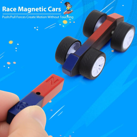 Toy car with bar magnets demonstrating Magnet Set For Kids With Bar Magnets, Horseshoe Magnets, U Shaped Magnets, Iron Filings, And Compass