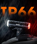 All In One 2 In 1 Rechargeable Helmet Light With Bracket Mount Front And Rear Bike Light shown in rain to highlight IP66 waterproofing