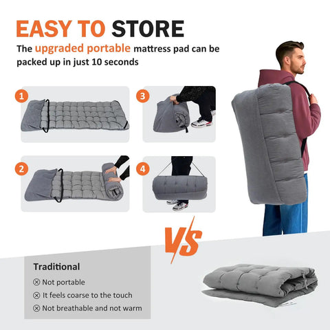 Camping Cot With Cushioned Comfort For Adults folded and carried by person; easy portability demonstration.