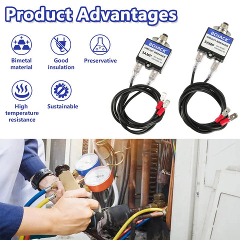 Resettable Fuse Circuit Tester For HVAC Breakers, 3 Amp And 5 Amp, shown with product features and HVAC system in use.