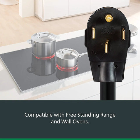 Heavy Duty 4 Wire Range Cord 50 Amp 4 Feet With Right Angle Plug And Strain Relief Durable Ring Terminals Compatible With All Major Brands Black Built To Last For Electric Cooktops And Ovens showing plug detail