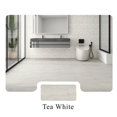 Bathroom interior with tea white self adhesive vinyl floor tiles, minimalist decor, floating sink, and modern fixtures.