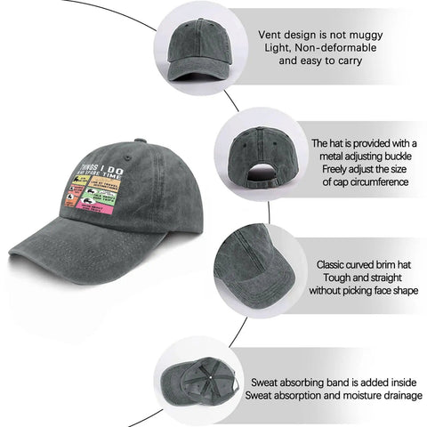 Funny Spare Time RV Camper Hat For Women with adjustable back strap, light grey, low profile, curved brim, vent design, sweatband