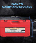 Red carrying case for Beefy 21 Piece Three Quarter Inch Drive Jumbo Impact Socket Set with size specifications shown.