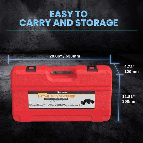 Red carrying case for Beefy 21 Piece Three Quarter Inch Drive Jumbo Impact Socket Set with size specifications shown.