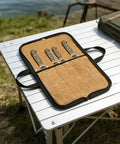 Durable Portable Chefs Knife Roll With 4 Slots Grab And Go Water Repellent Canvas Knife Storage Bag on outdoor table
