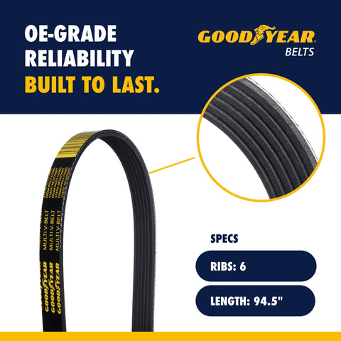 Serpentine Belt 6 Rib 94.5 Inch Replacement For Buick LaCrosse Lucerne And Cadillac XTS Brougham 1991 to 1992 2010 to 2019 Durable Multi V Style Belt With Enhanced Durability For Quiet Reliable Performance, 6-rib EPDM rubber Goodyear belt