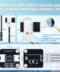 Capacitive Non-Contact Liquid Level Sensor For Arduino And Raspberry Pi with dimensions and wiring details displayed