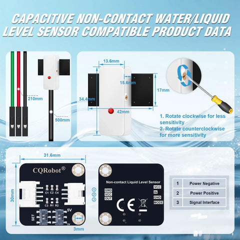 Capacitive Non-Contact Liquid Level Sensor For Arduino And Raspberry Pi with dimensions and wiring details displayed