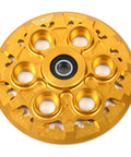 Bulletproof Black Dry Clutch Pressure Plate With Teeth Built Tough For Six Speed Ducati Engines Fits Monster MH900E Multistrada St Series Superbike Street Ready Replacement 19420011B 19420151A close-up view showing gold finish and detailed design.
