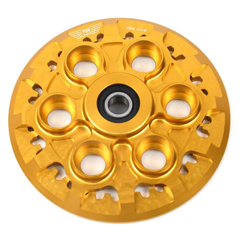 Bulletproof Black Dry Clutch Pressure Plate With Teeth Built Tough For Six Speed Ducati Engines Fits Monster MH900E Multistrada St Series Superbike Street Ready Replacement 19420011B 19420151A close-up view showing gold finish and detailed design.