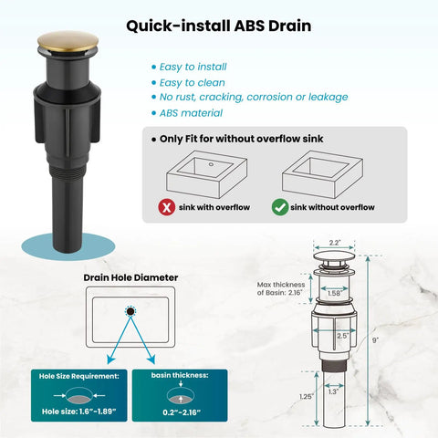 Quick-install ABS drain pop up for antique brass bathroom vessel sink faucet with long reach single handle deck mounted tap
