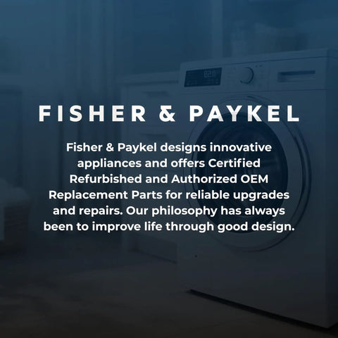 Front load washing machine next to text about Fisher & Paykel design philosophy on innovative appliances.