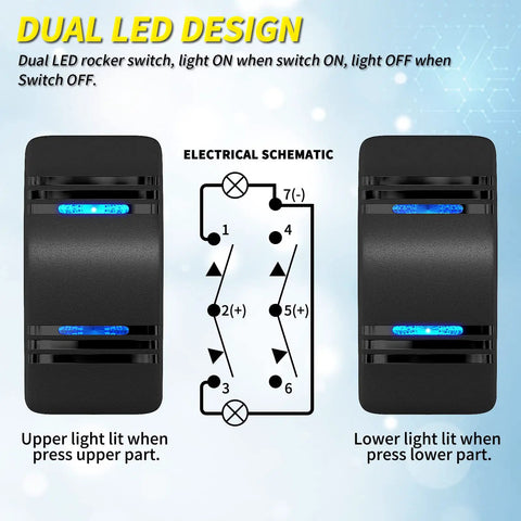 Marine Grade 12V DPDT Rocker Switch 3 Way On Off On Toggle 7 Pin Waterproof Blue LED Indicator With Jumper Wires For Automotive Car UTV ATV Boat Built Tough With Splash Resistant Seal For Boats ATVs UTVs, dual LED