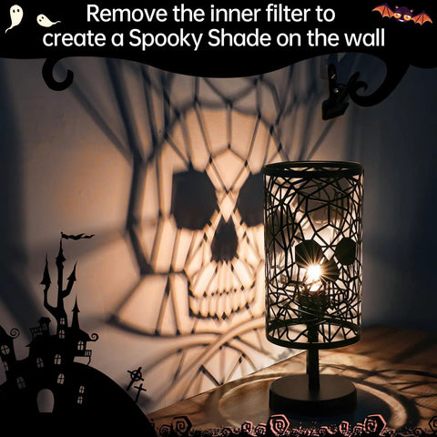 Skull Table Lamp With 3 Way Dimmable Touch Control casting skull shadows on wall, gothic decor for Halloween and Christmas. 