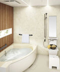 Modern bathroom with a freestanding bathtub, wall-mounted shower, towel rack, and wooden accent wall.