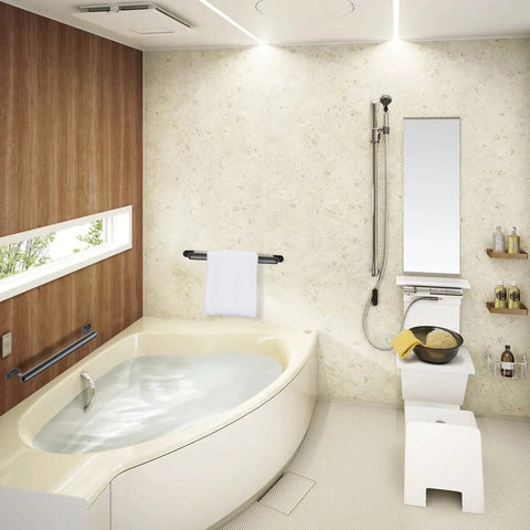 Modern bathroom with a freestanding bathtub, wall-mounted shower, towel rack, and wooden accent wall.