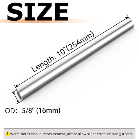 Side view of Yluvaok 2-pack 5/8 in OD x 10 in stainless steel tube, 304 grade, round hollow pipe
