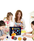 Cool Outer Space Sewing Kit For Kids DIY Felt Crafts With Nine Planet Pieces And Two Space Patterns Rocket And Astronaut A Simple Beginner Sewing Set For Boys And Girls Aged 7 To 12 shown in use by children and adult.