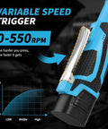 Cordless Ratchet Wrench Set With 16.8V Beefy Power 45 Ft Lbs Torque 550 RPM Dual Cooling Extended Run Time Heavy Duty Build Includes 2x 2Ah Batteries One Quarter Inch Adapter 3 Inch Extension Bar Variable Speed Electric Tool Kit In Blue, close-up of variable speed trigger