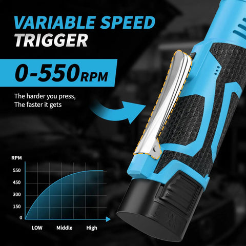 Cordless Ratchet Wrench Set With 16.8V Beefy Power 45 Ft Lbs Torque 550 RPM Dual Cooling Extended Run Time Heavy Duty Build Includes 2x 2Ah Batteries One Quarter Inch Adapter 3 Inch Extension Bar Variable Speed Electric Tool Kit In Blue, close-up of variable speed trigger