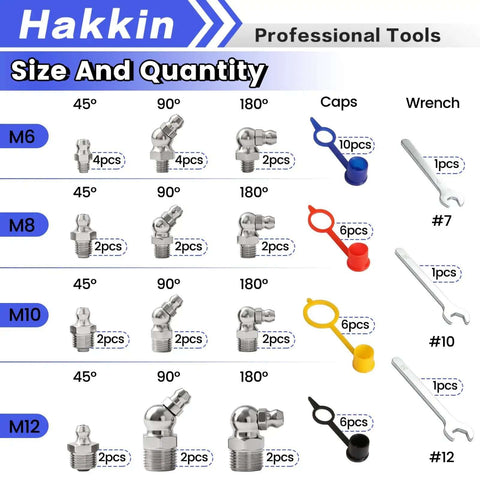 Sick Quality 304 Stainless Steel M6 M8 M10 M12 Metric Thread Zerk Grease Fittings Hydraulic Nipple 59 Pcs Kit With 45 And 90 Deg Angles Wrench Caps For Grease Gun Maintenance For Car Repairs Easy To Install On Any Vehicle Today size chart
