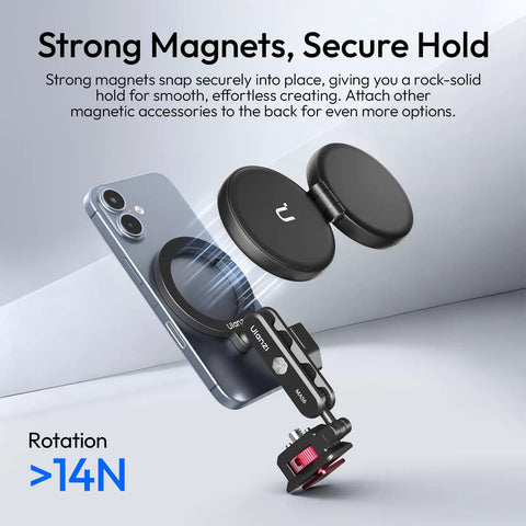 Aluminum Magnetic Phone Tripod Mount MA56 with secure hold, strong magnets, ideal for iPhone 14N rotation, shown in use.