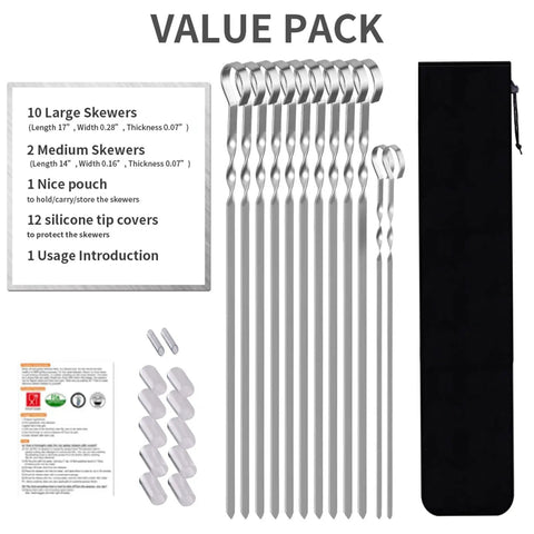 Premium 17 Inch Stainless Steel Kabob Skewers For Grillin Flat Long Shish Kebab Sticks For Meat Chicken Veggies Reusable Rustproof BBQ Skewers 12 Pack Bonus 14 Inch with pouch and covers