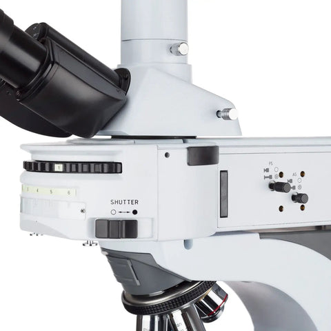 Upright Fluorescence Microscope 40X To 1000X With Rotating 6 Filter Turret And Ultra Sensitive 1.4MP CCD Camera, Infinity Corrected Optics, Lab Ready Pro Grade Quality For Classrooms And Labs close-up of filter turret and controls