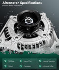 Close-up of Beefed Up 160 Amp High Output Alternator Replacement for Dodge Dakota 3.7L 2004 to 2006, showing specifications.