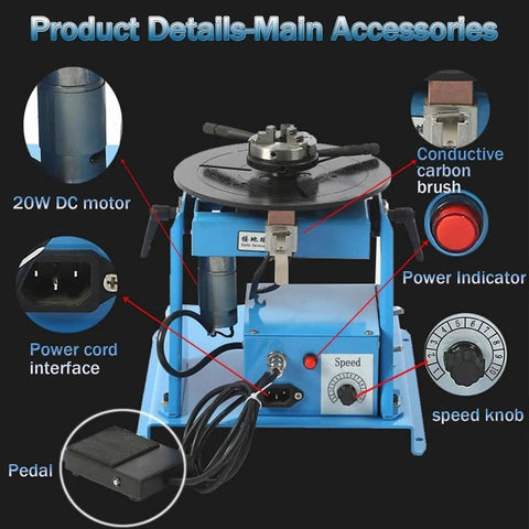 Built Tough Rotating Welding Positioner With Foot Switch Rock Solid Circular Turntable showing controls and features like 20W DC motor and speed knob.