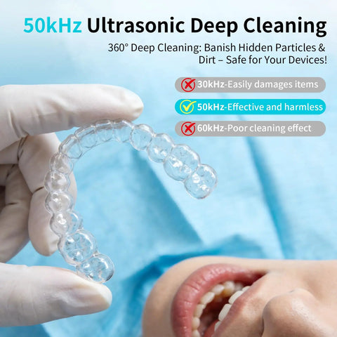 Heavy Duty 50kHz Ultrasonic Cleaner For Retainers Braces Aligners Night Guards And More With Four UV Lamps 340ml Rechargeable Denture Cleaner For Jewelry And Toothbrushes Delivers Deep Clean With No Hassle shown cleaning a retainer