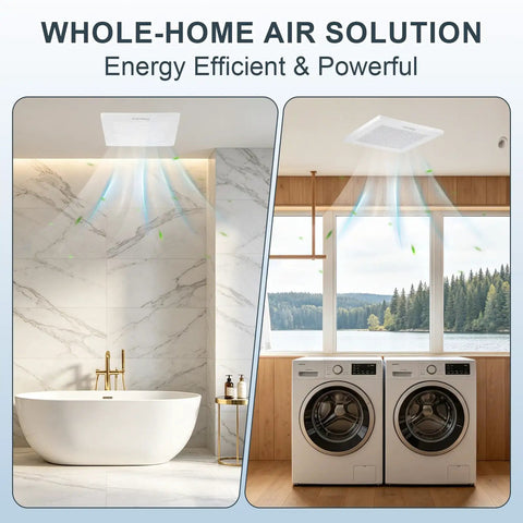 Heavy Duty 120 CFM Bathroom Exhaust Fan Ceiling Mounted 8X8 Inch in modern bathroom and laundry space above fixtures.