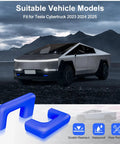 Tow Hook Covers For Tesla Cybertruck 2023 2024 2025, blue customized tow hitch covers with Cybertruck in background