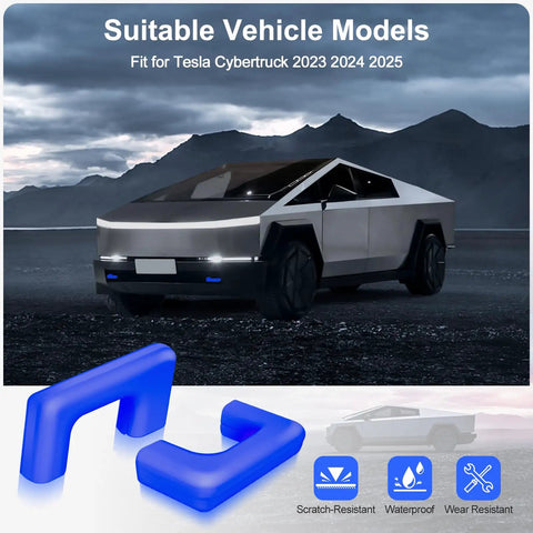 Tow Hook Covers For Tesla Cybertruck 2023 2024 2025, blue customized tow hitch covers with Cybertruck in background