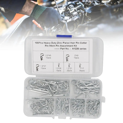 100 Pack Stainless Steel Hair Pin Cotter Pins R Clip Assortment Kit For Hitch Pins Clevis Pins Shafts And Mechanical Fastening, Heavy Duty Quick Release Retainers For Outdoor Work, Garage And DIY Projects in storage case