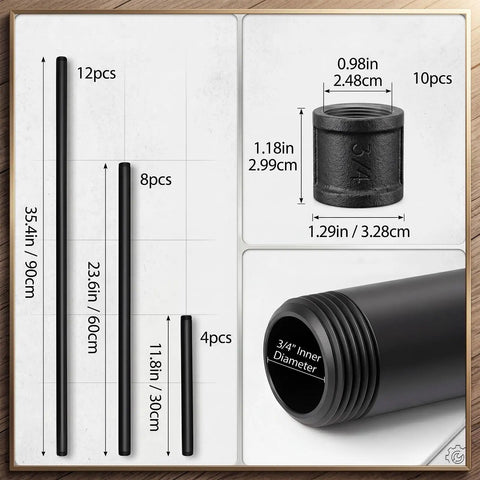 34 Piece Black Iron Pipe Fitting Set With Threaded Holes For DIY Furniture Projects Industrial Vintage Style Malleable Steel Nipples And Couplings Includes Three Quarter Inch Segments For Shelves Tables Racks And More., 3/4 in black iron pipes and fittings with sizes shown