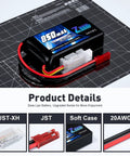 Two Pack 2S 7.4V 850mAh 50C LiPo Battery Soft Pack With JST Connector for FPV drones on a measurement grid
