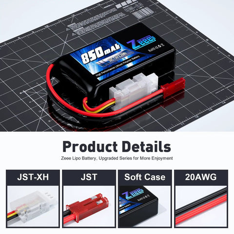 Two Pack 2S 7.4V 850mAh 50C LiPo Battery Soft Pack With JST Connector for FPV drones on a measurement grid