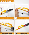 KATA mini hacksaw with yellow aluminum 10-inch frame and two bi-metal blades, shown in a four-step installation guide.