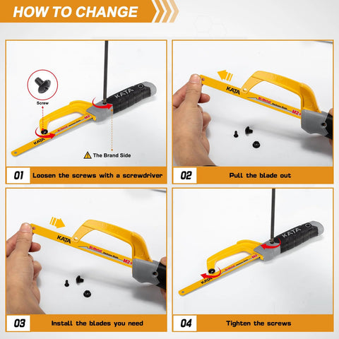 KATA mini hacksaw with yellow aluminum 10-inch frame and two bi-metal blades, shown in a four-step installation guide.