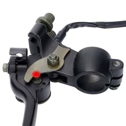 Close-up of Dual Cable Right Brake Lever for ATV Quad Go Kart Gasoline E Bike with brake switch and 7/8 inch handlebars clamp.