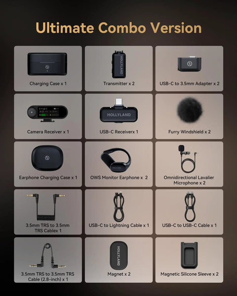 Lark Max 2 Wireless Microphone System For iPhone And Cameras With AI Noise Cancel 32Bit Full Chain Audio Timecode Wireless Monitoring Open Ear OWS Earphones 100M Range 25Ms Latency 18Hour Battery 2TX 2RX Charging Case All In One Kit showing components like transmitters, receivers, mic, and cables.