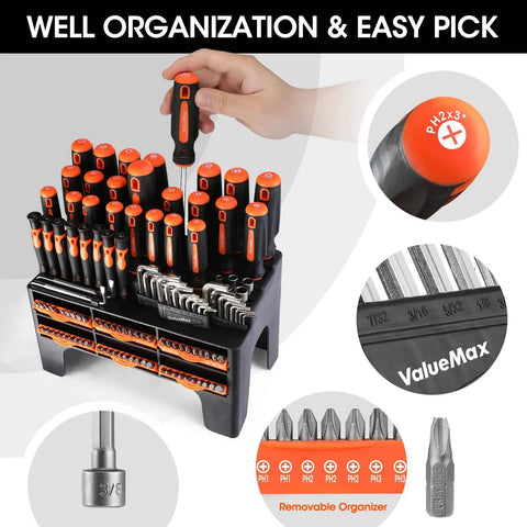 126 Piece Magnetic Screwdriver Set With Plastic Organizer For Home Projects A Must Have DIY Tool Kit Built For Quick Fixes And Big Projects Magnetizer Demagnetizer Great Gift For Men And Women displayed in organizer with visible handles and bits