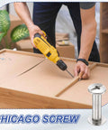 Kickass M3x4mm Chicago Screws 30 Piece Set Rust Resistant Stainless Steel Binding Post Rivets for DIY projects, shown with drill.